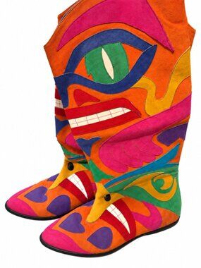 Vintage Multicolor Art Boots Colorful Patchwork Statement Boots Size 5